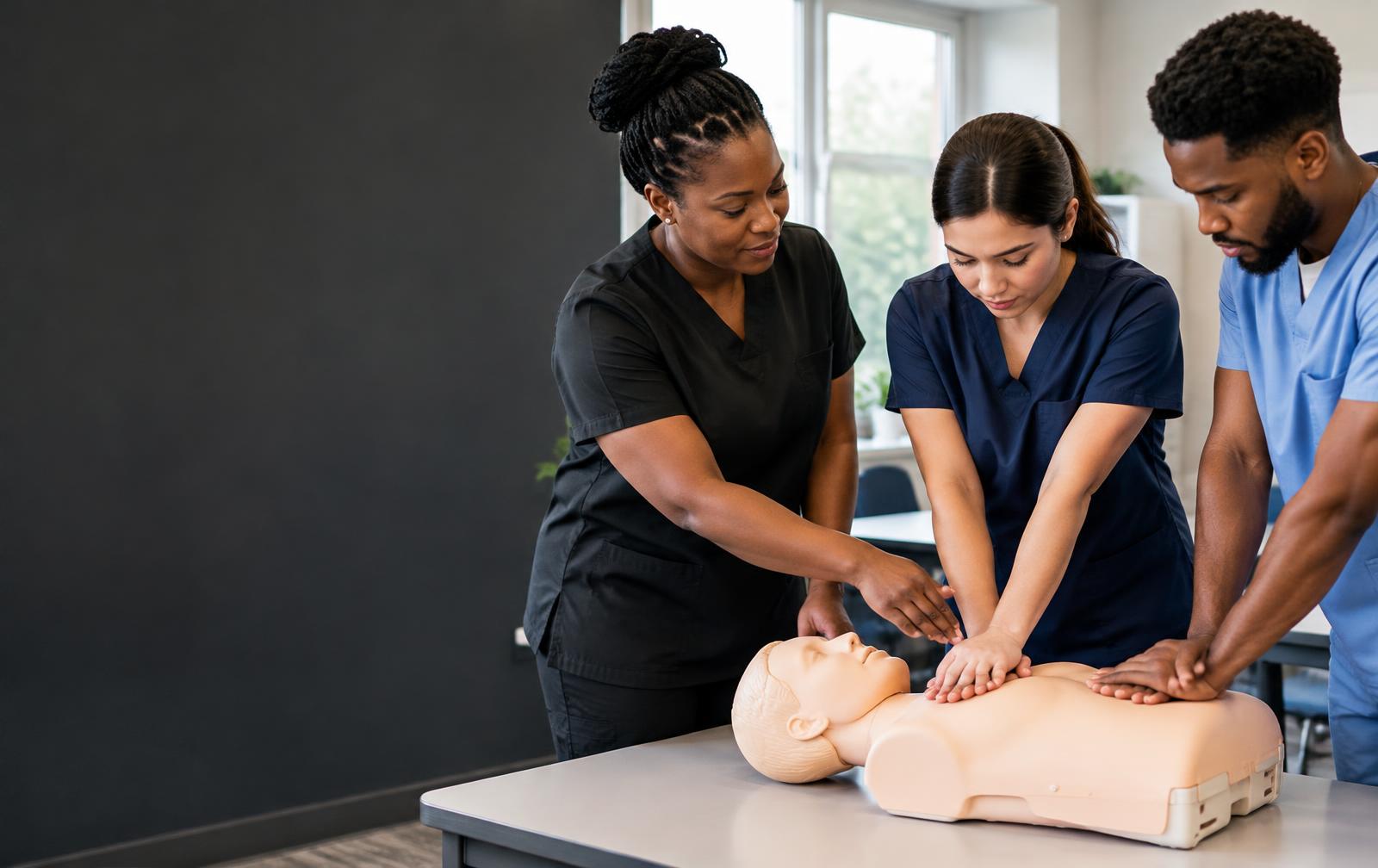 Healthcare educator guiding students through hands-on CPR practice